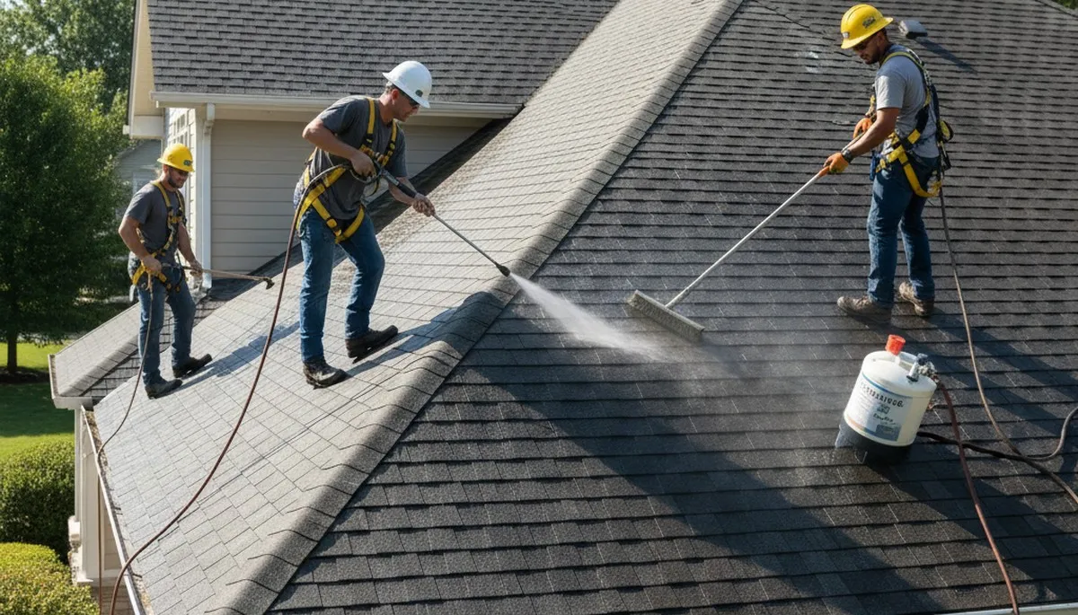 Roof cleaning service in Indianapolis, IN for algae and moss removal on a home exterior